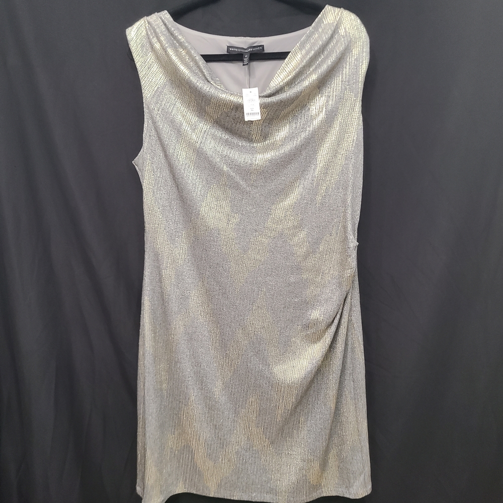 NWT White House Black Market Gray with Gold Foil Short Dress Party, Y2k, Wedding